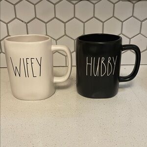 Rae Dunn Wifey & Hubby Ceramic Coffee Mug Set - Black and Cream